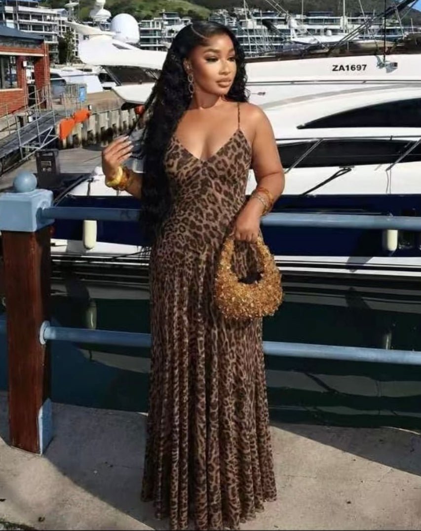 Hannah maxi-jurk met luipaardprint en spaghettibandjes