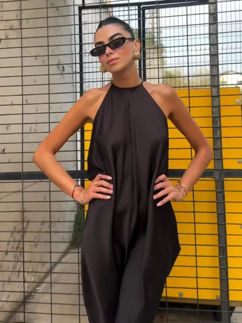 Indira satijnen halter-maxijurk