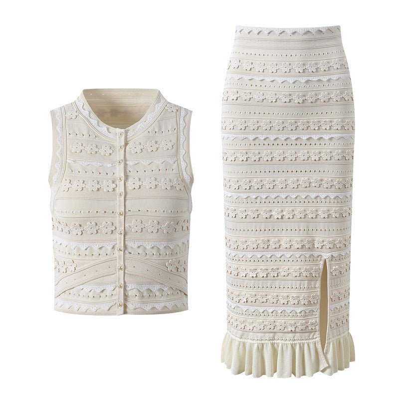 Isabella set met gebreid vest met bloemen en midi-rok met ruches