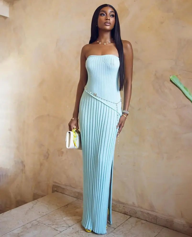 Isadora strapless gebreide maxi-jurk met split aan de zijkant