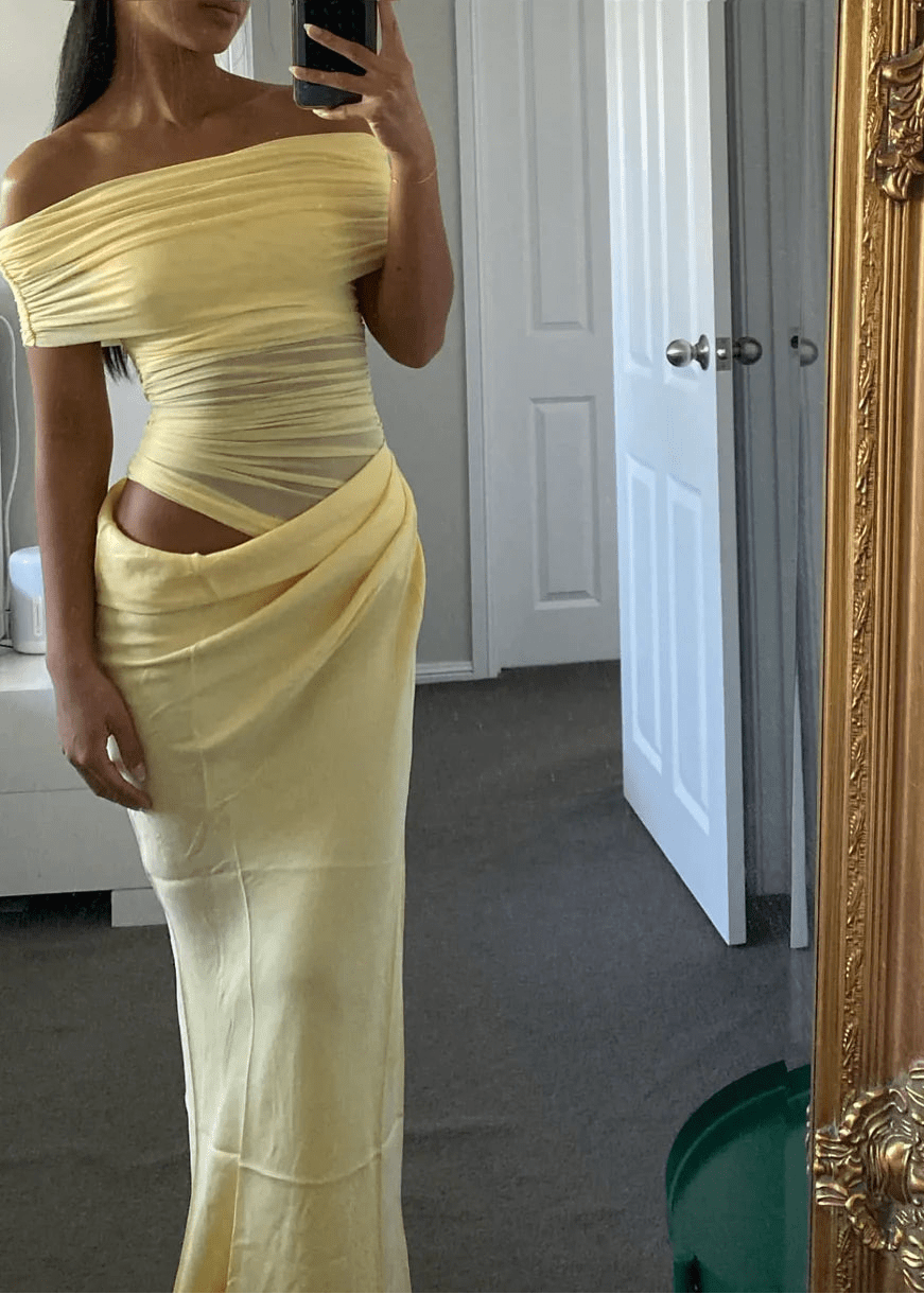 Jessa offshoulder maxi-jurk van mesh