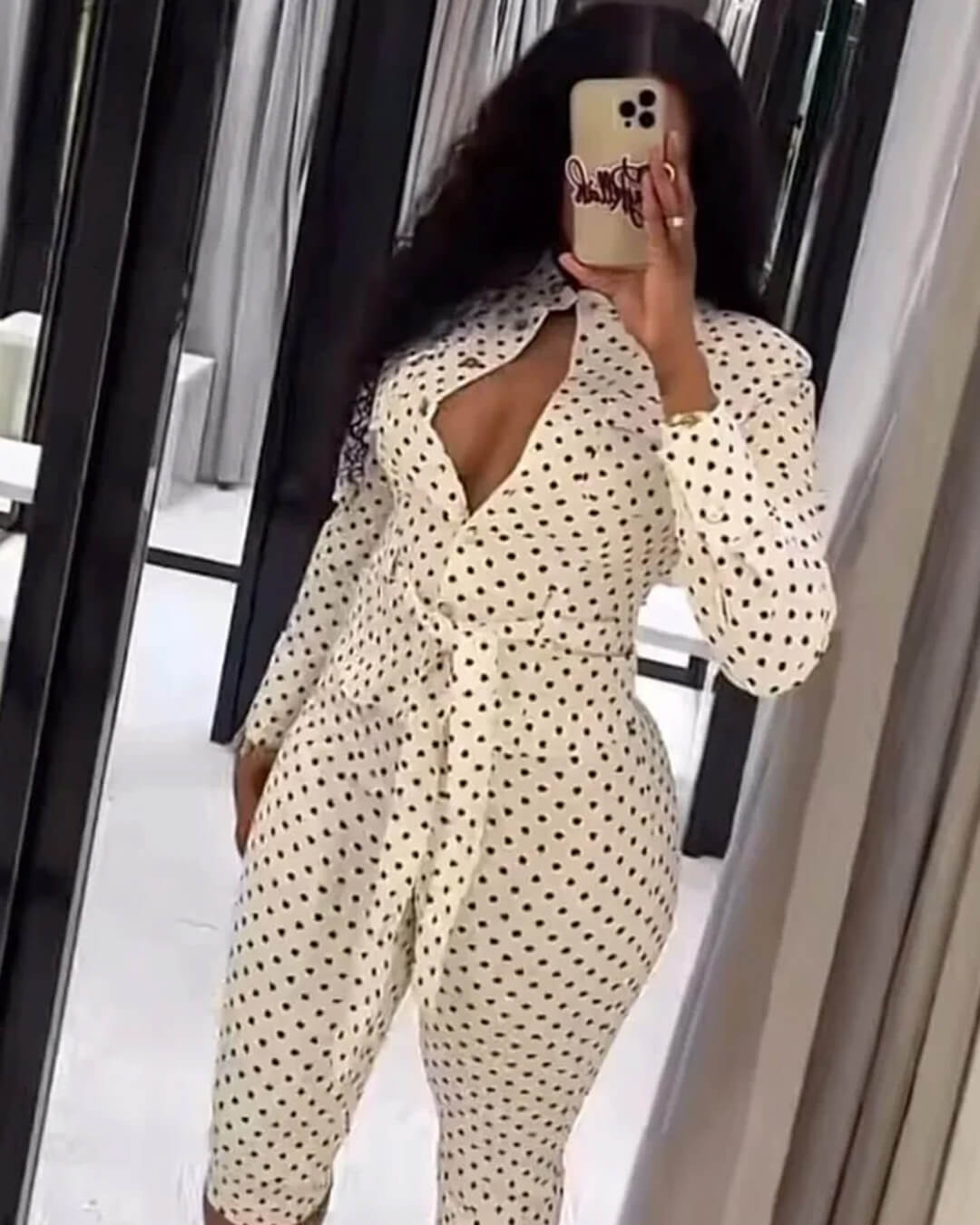 Jia set met broek en stippenprint en hoge taille