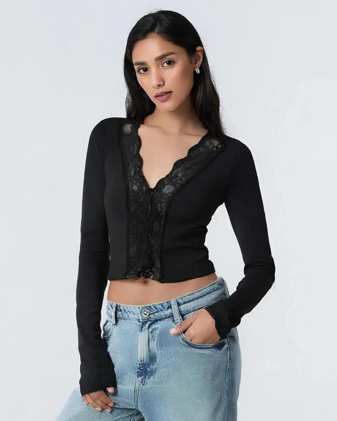 Blouse met lange mouwen en kanten bies Julia