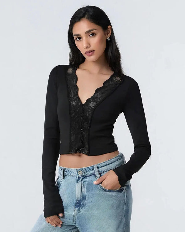 Blouse met lange mouwen en kanten bies Julia