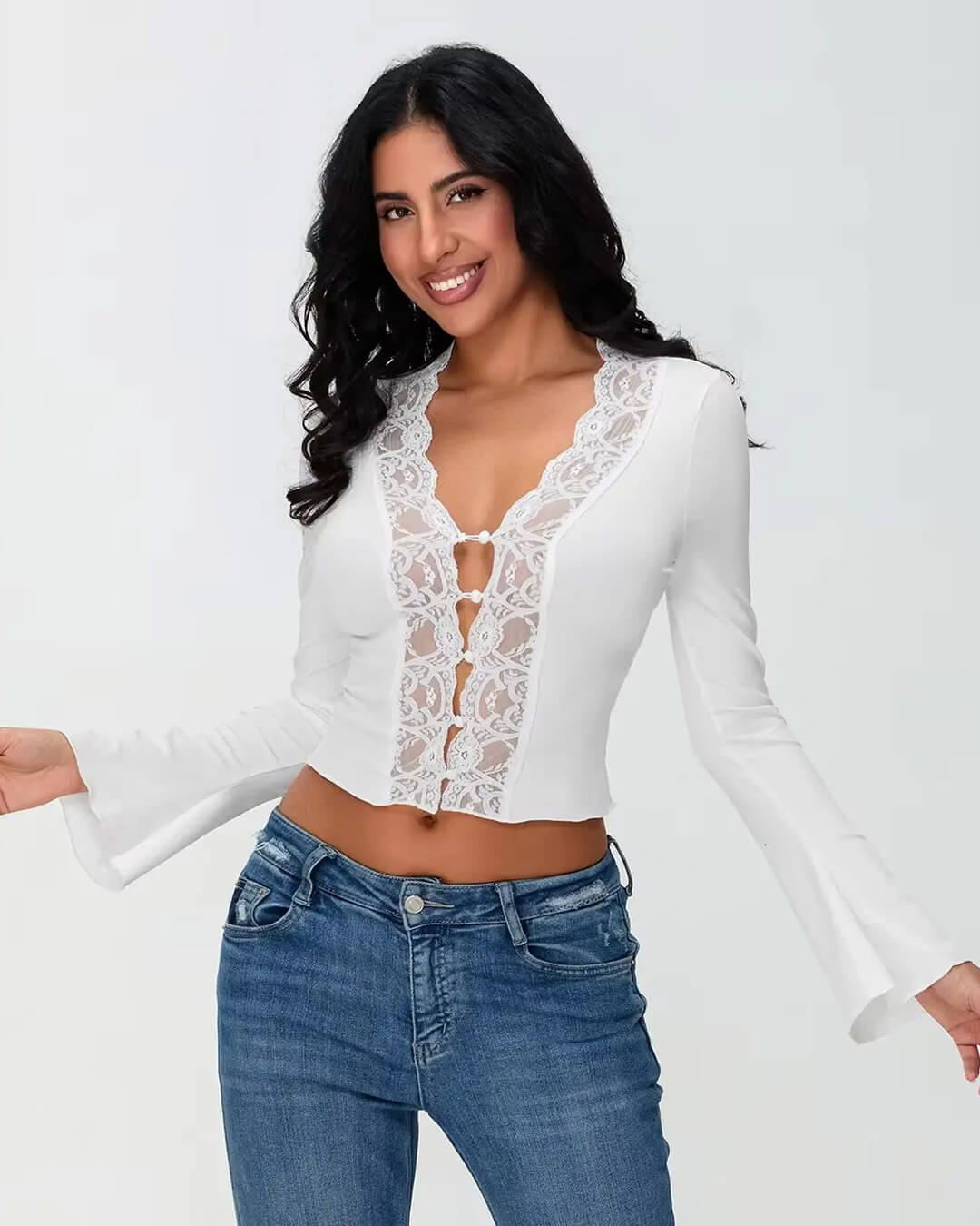 Blouse met lange mouwen en kanten bies Julia