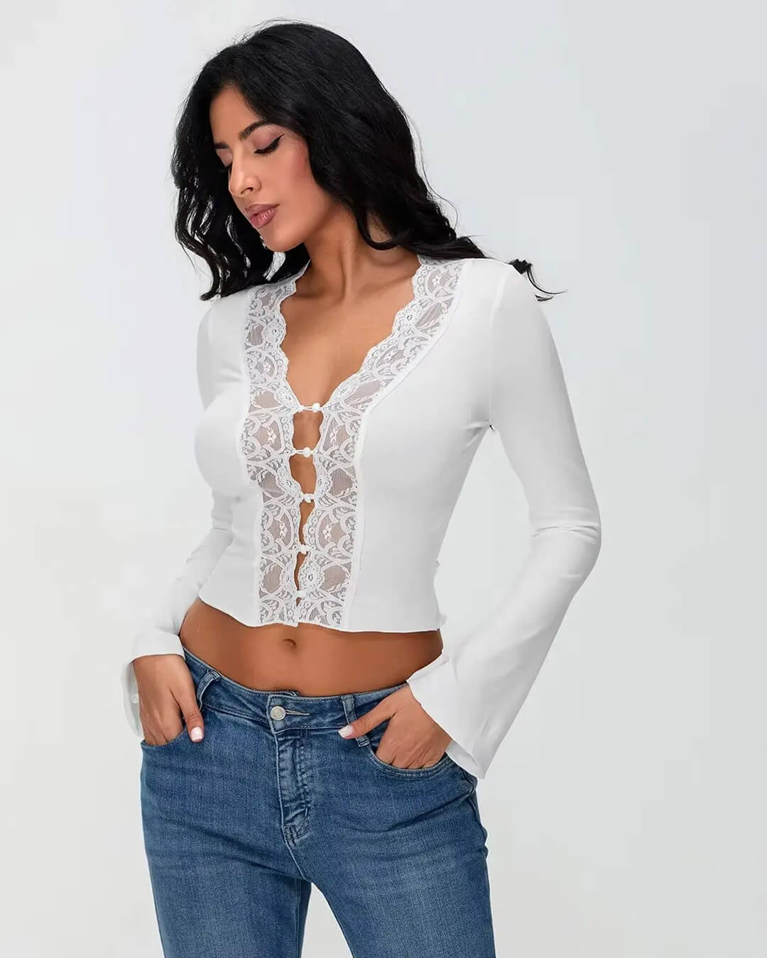 Blouse met lange mouwen en kanten bies Julia