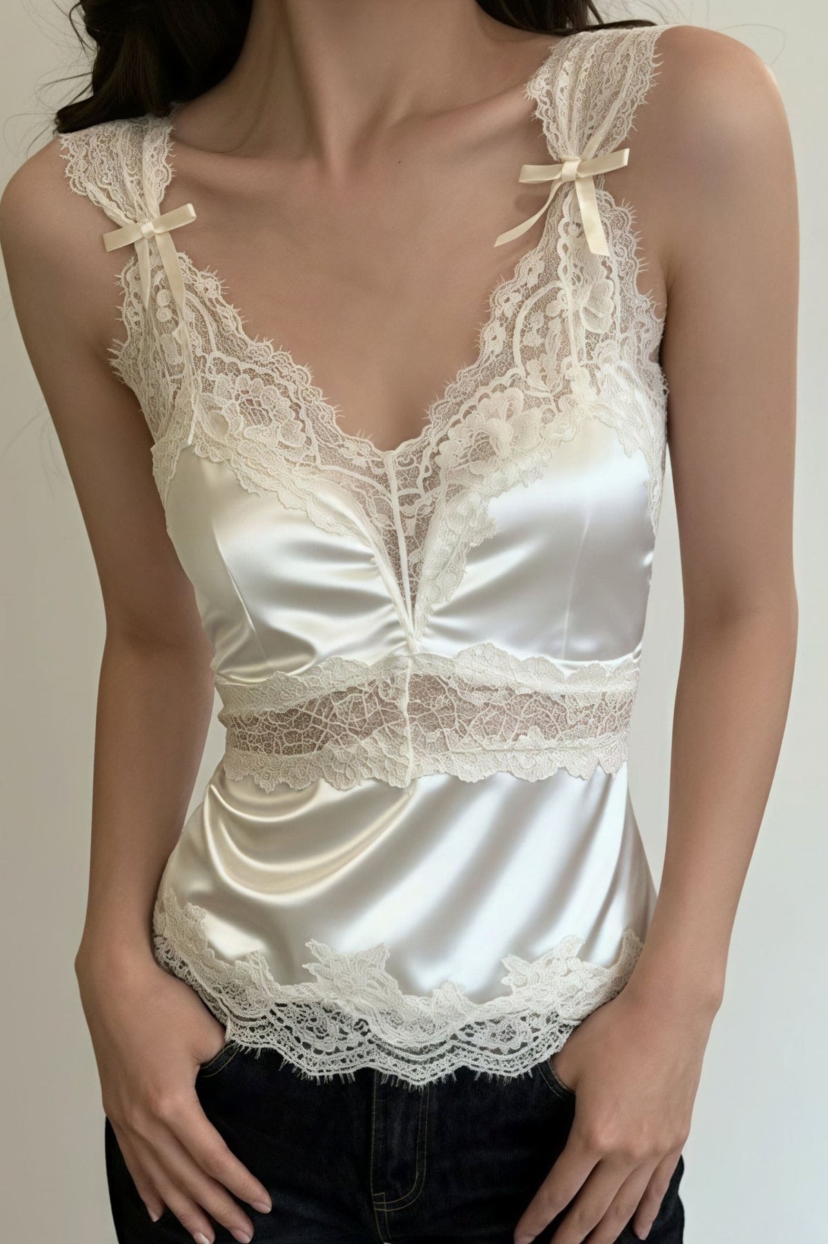 Mouwloze satijnen kanten blouse met V-hals van Julianne