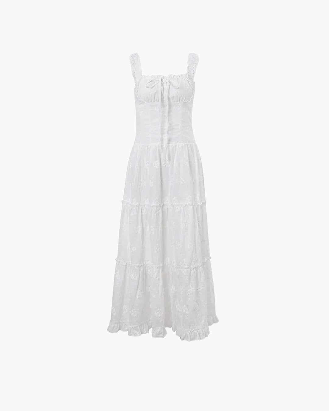 Karla maxi-jurk met rucherand en laagjes