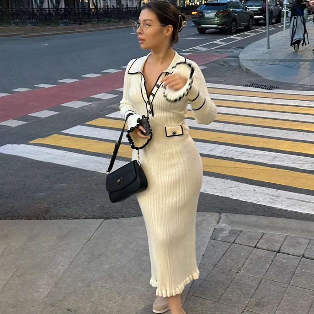 Emmeline gebreide midi-jurk met polokraag