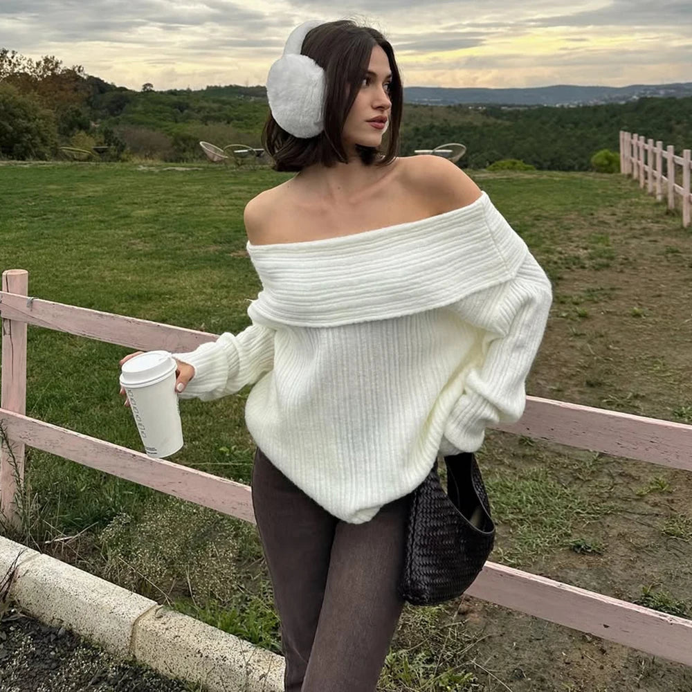 Lina ribgebreide off-shoulder trui