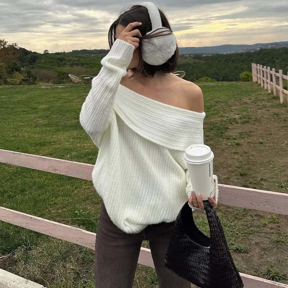 Lina ribgebreide off-shoulder trui