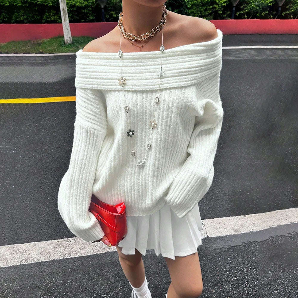 Lina ribgebreide off-shoulder trui