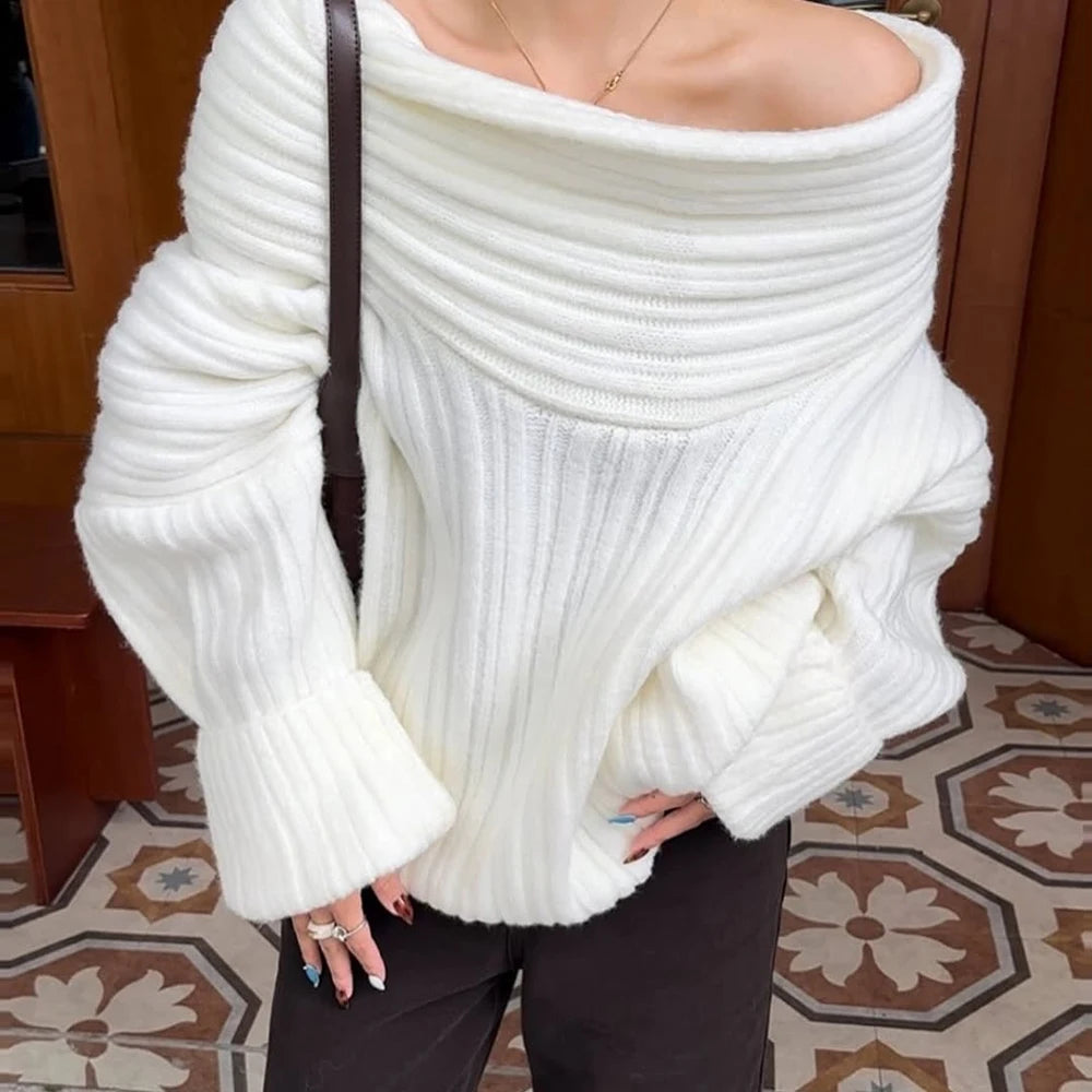 Lina ribgebreide off-shoulder trui