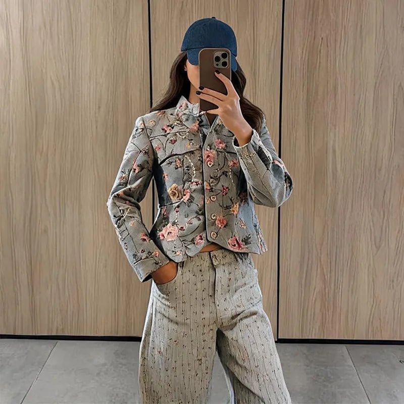 Laura cropped jacquardjas in vintage stijl