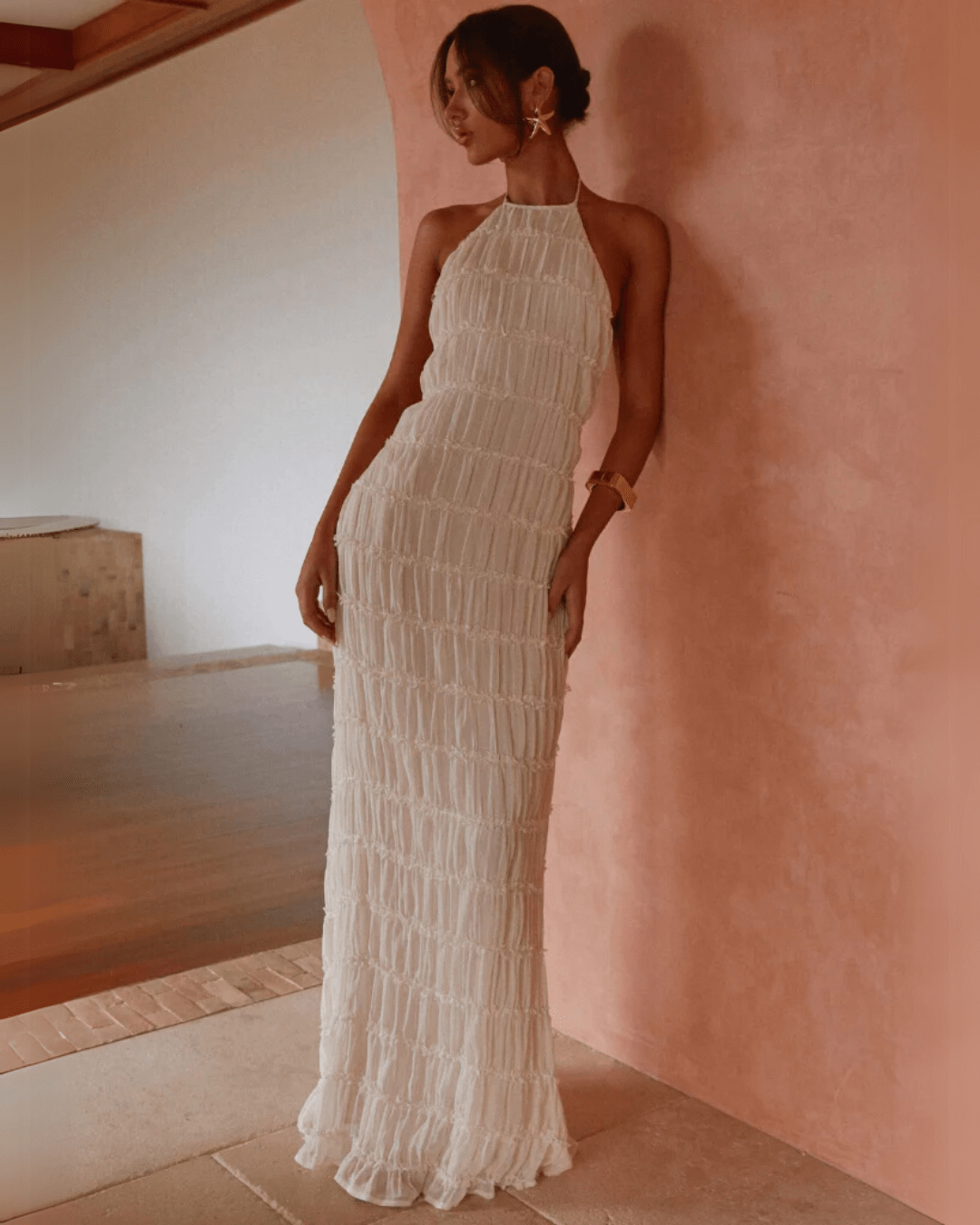 Leslie maxi-jurk met open rug en sculpturale textuur