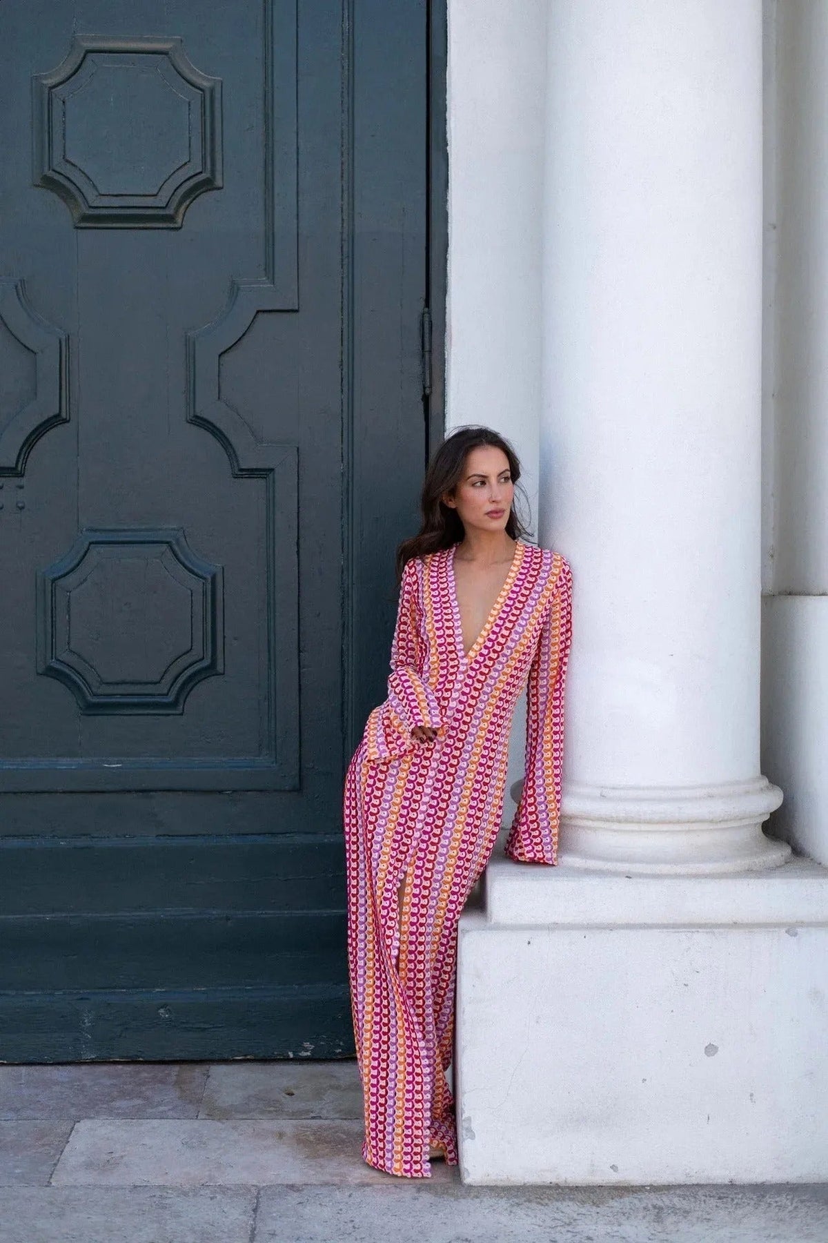 Lieke maxi-jurk van gehaakt materiaal met strepen