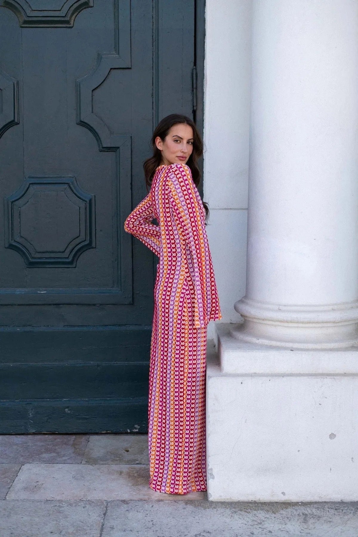 Lieke maxi-jurk van gehaakt materiaal met strepen