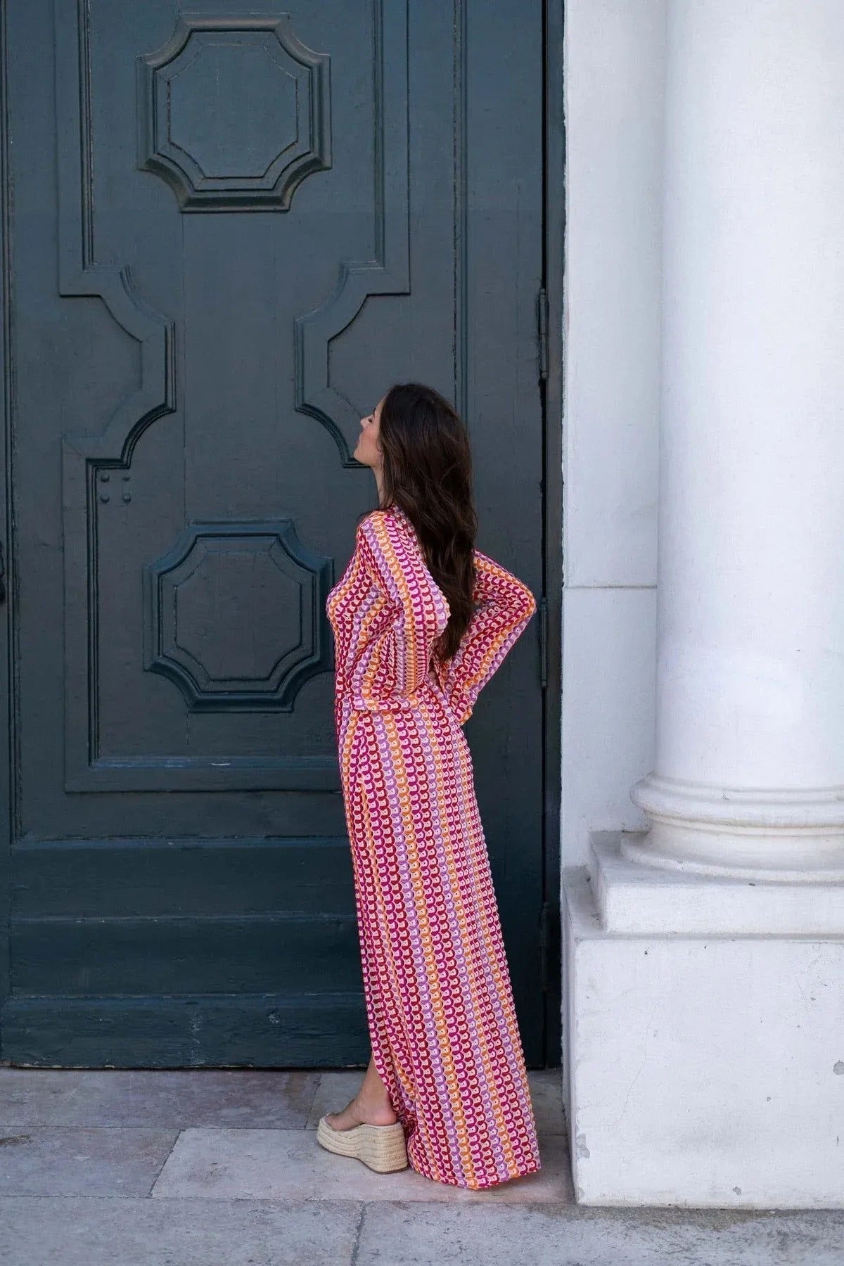 Lieke maxi-jurk van gehaakt materiaal met strepen