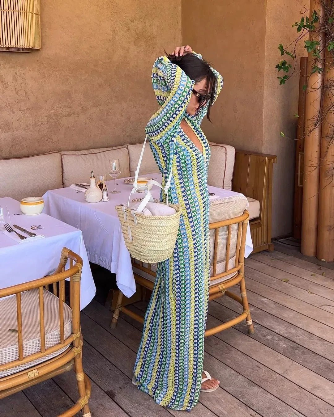 Lieke maxi-jurk van gehaakt materiaal met strepen