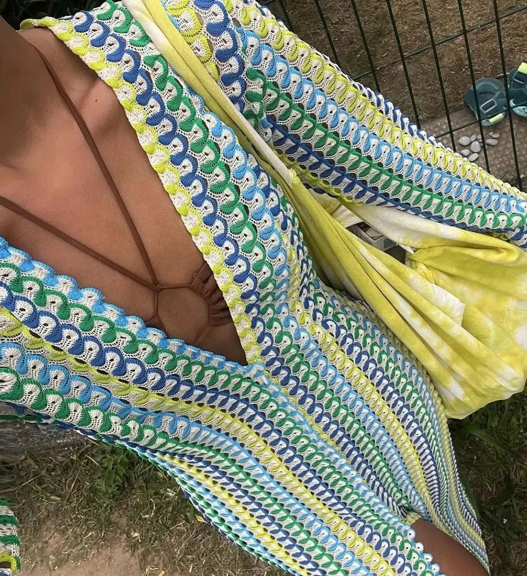 Lieke maxi-jurk van gehaakt materiaal met strepen