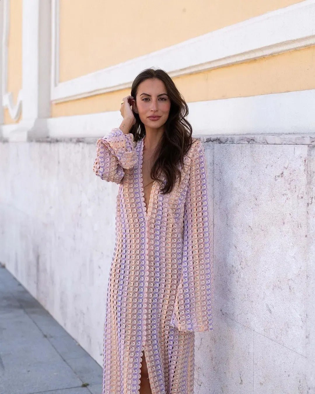 Lieke maxi-jurk van gehaakt materiaal met strepen