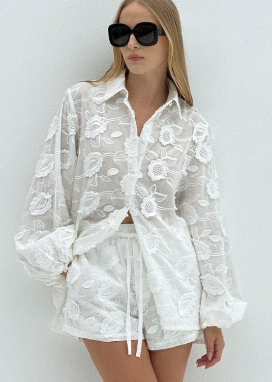 Lily Sheer Embroidered Shirt & High-Waist Shorts Set