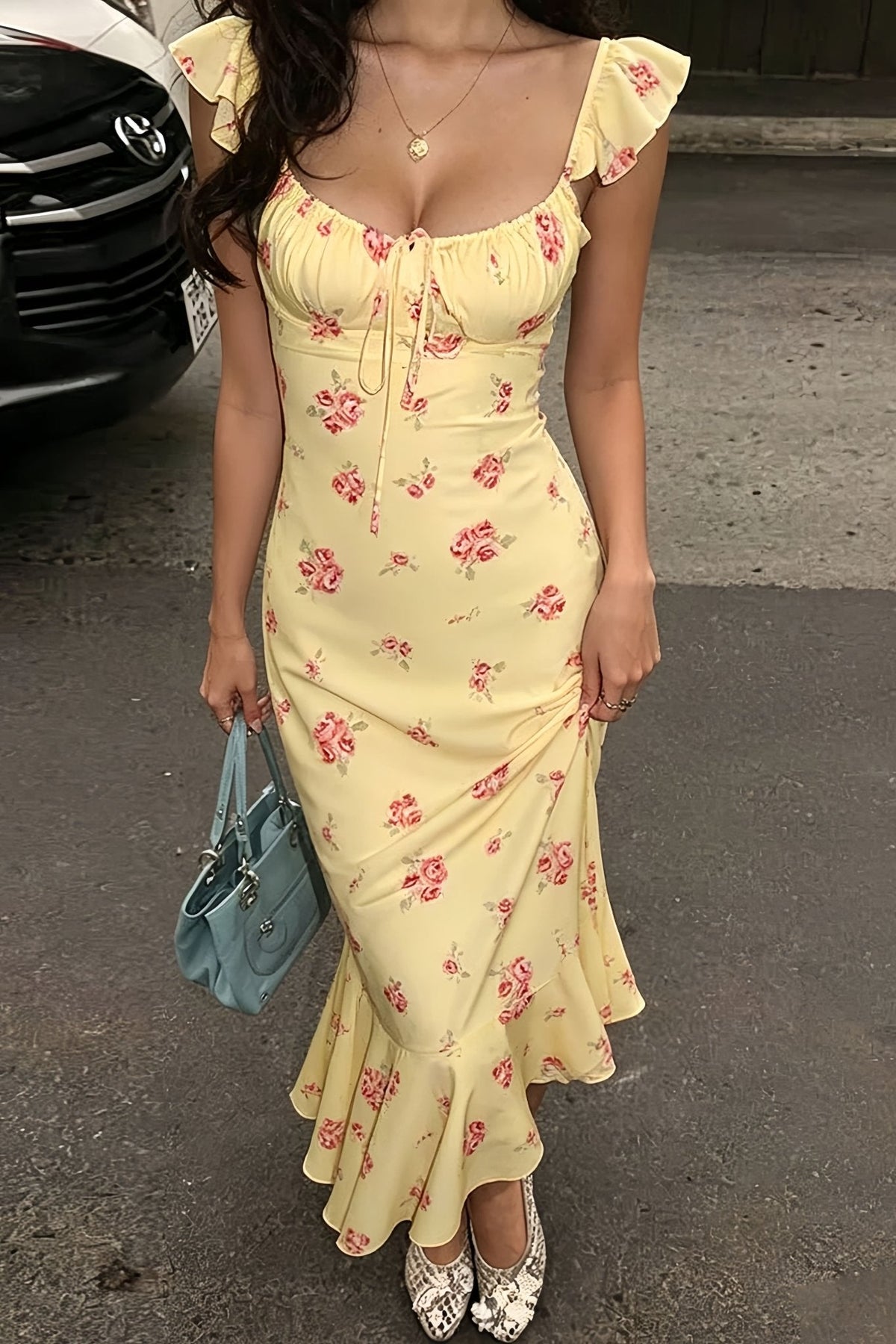 Marigold midi-slipjurk met bloemenprint