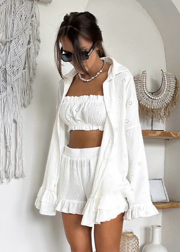 Melanie set met shorts en ruches met broderie anglaise