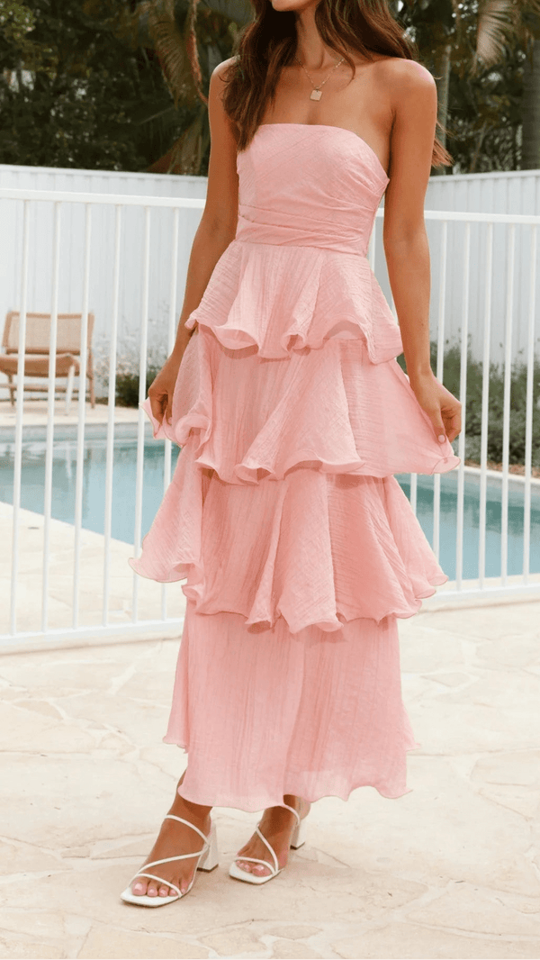 Miranda strapless jurk met ruches en laagjes