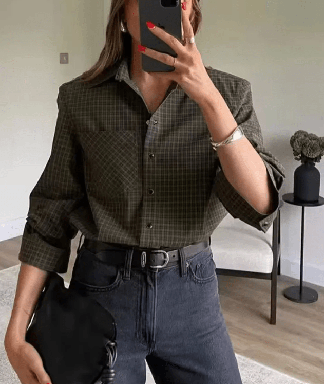 Monica groene geruite top met lange mouwen