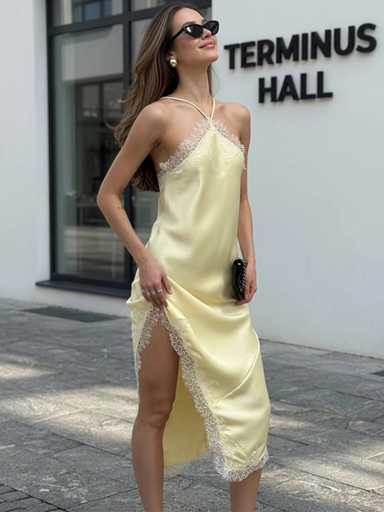 Natalie kanten midi-jurk met blote schouders