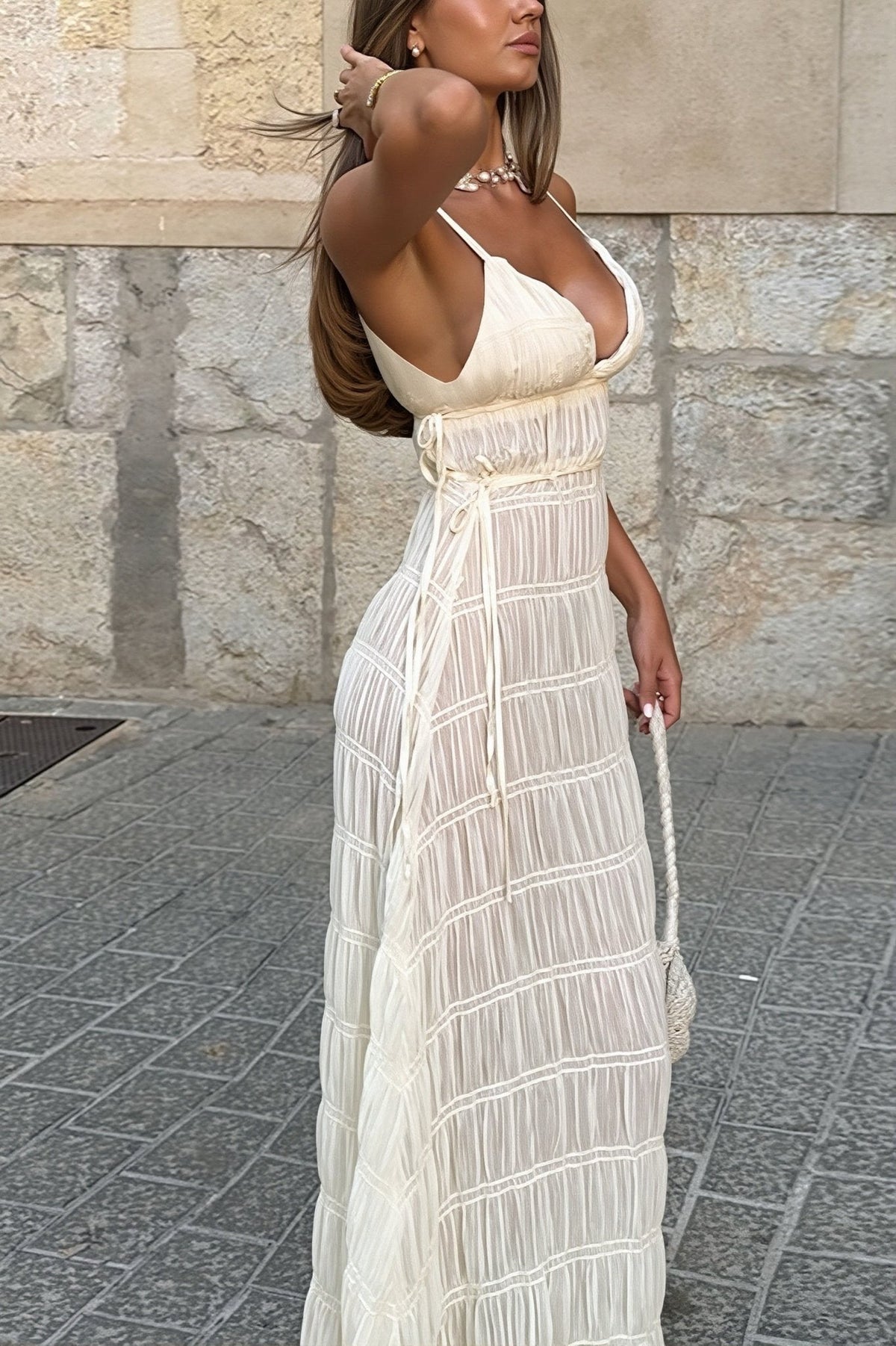 Olivia gebreide maxi-jurk met ribstructuur