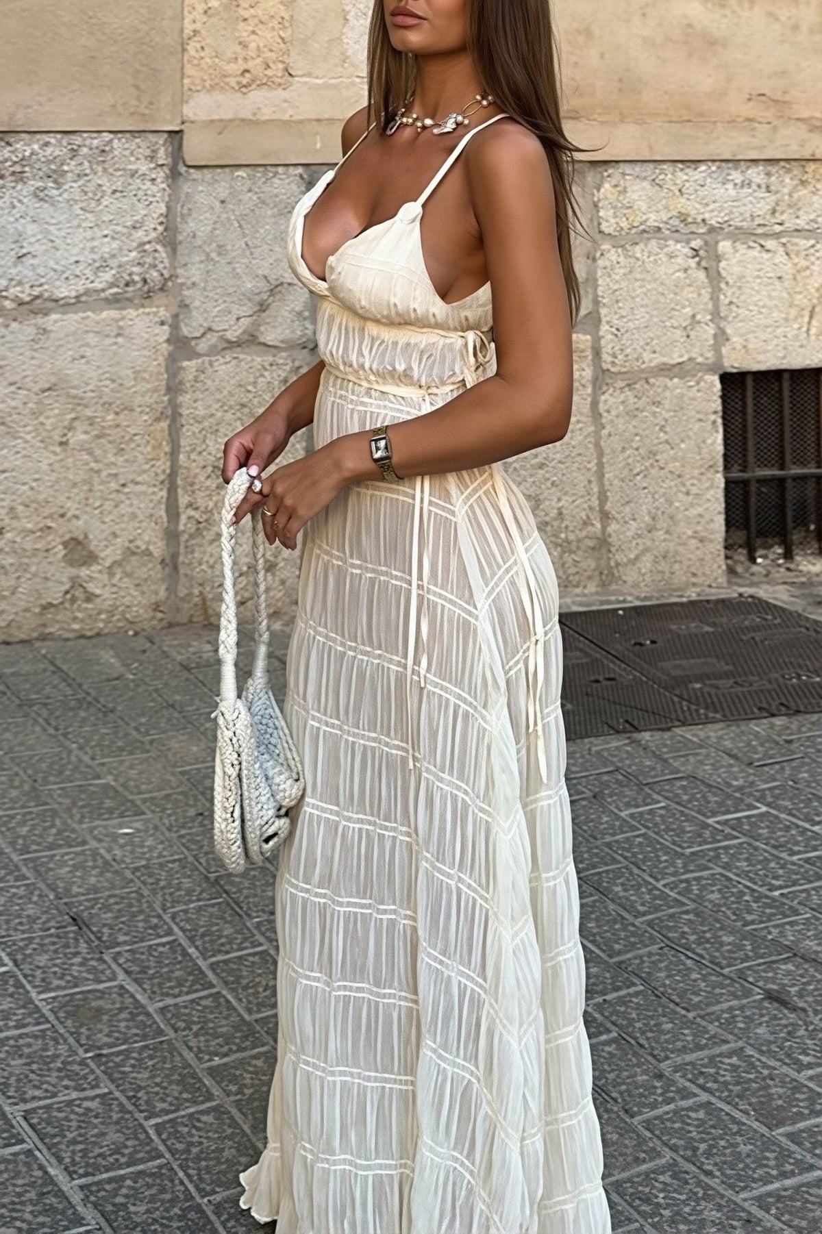 Olivia gebreide maxi-jurk met ribstructuur