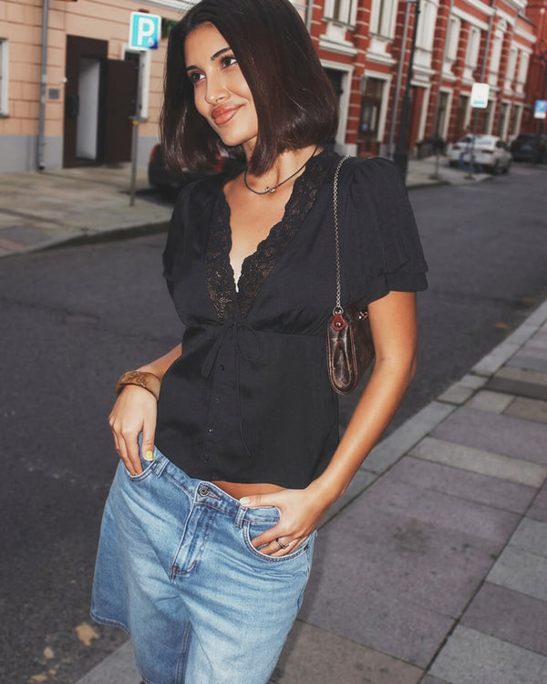 Rosette Lace Short Sleeve V-Neck Top