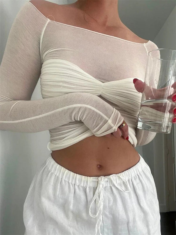 Sara transparante mesh off-shoulder top