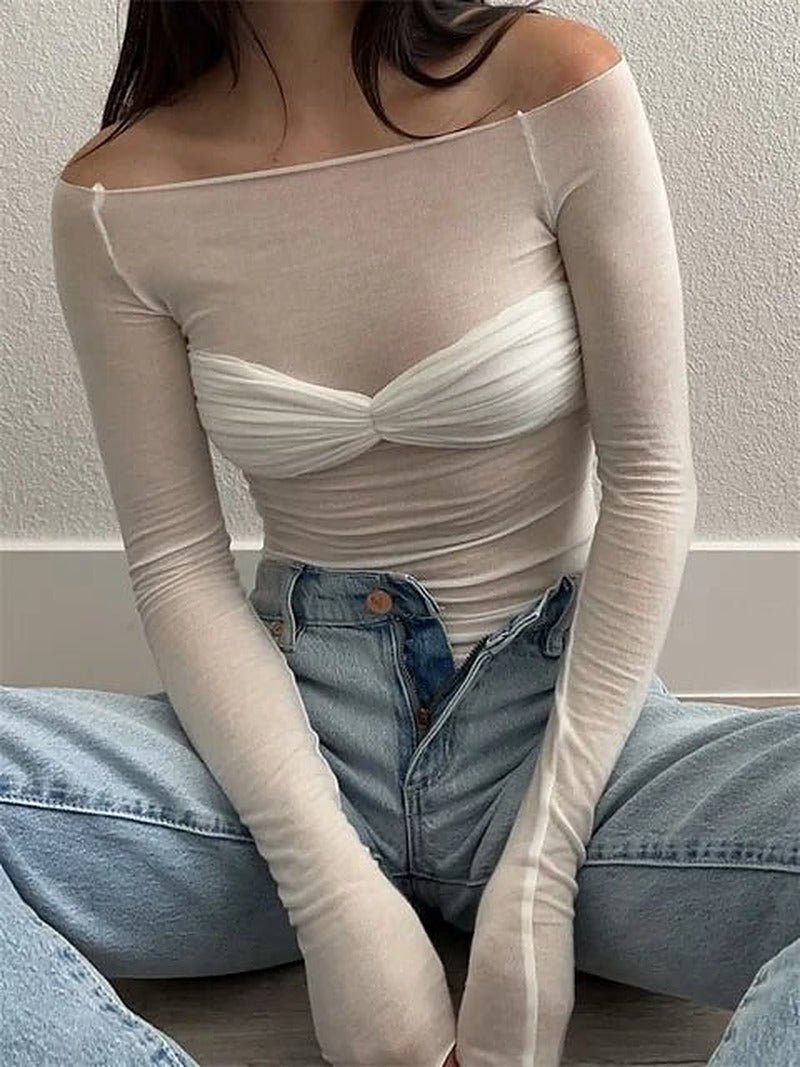 Sara transparante mesh off-shoulder top