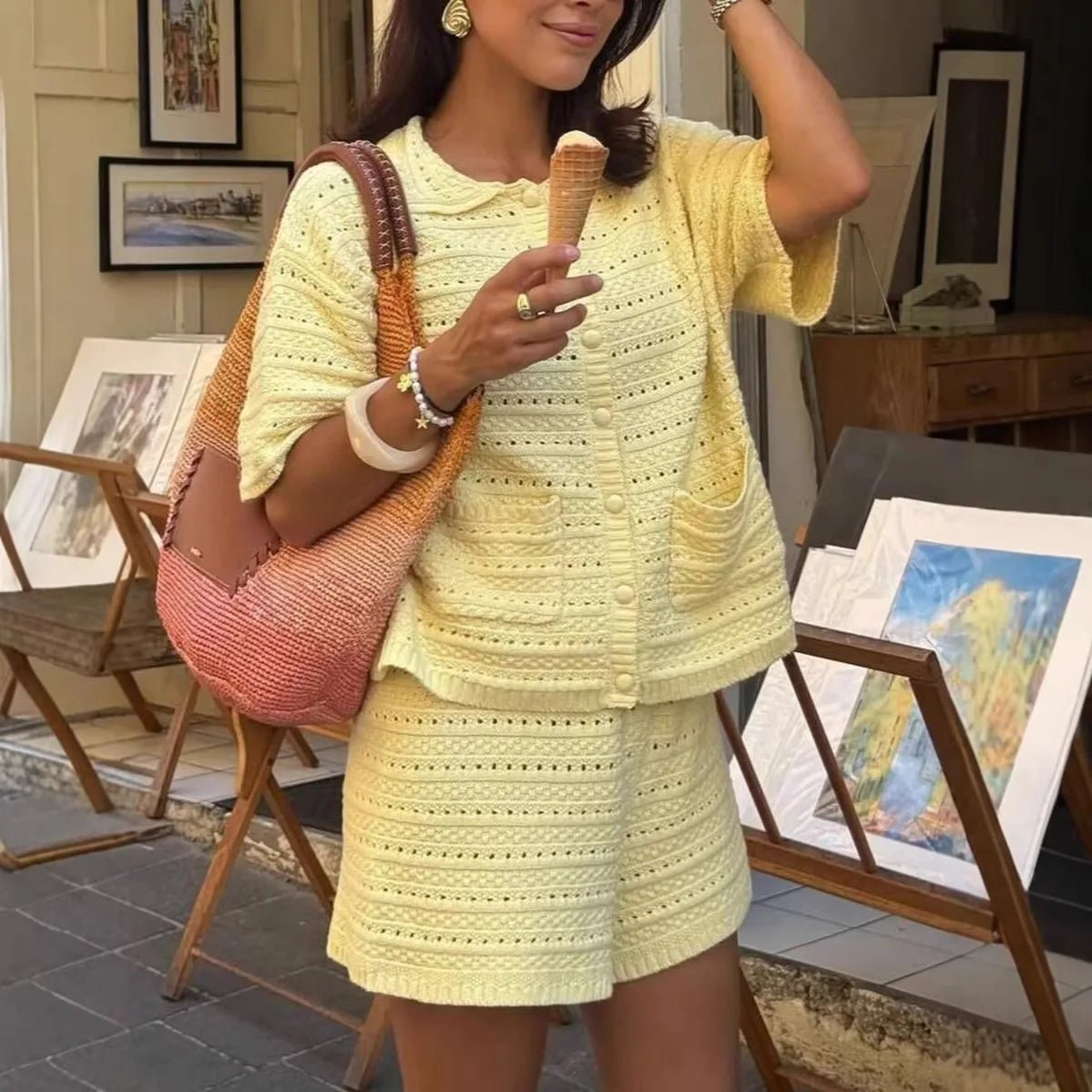 Sasha Solid Knit Cardigan Shorts Set