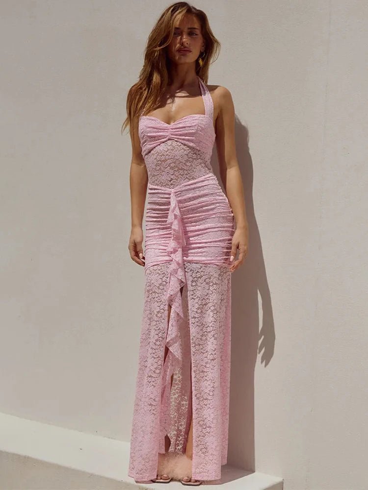Selene maxi-jurk van kant met gedrapeerde halterhals