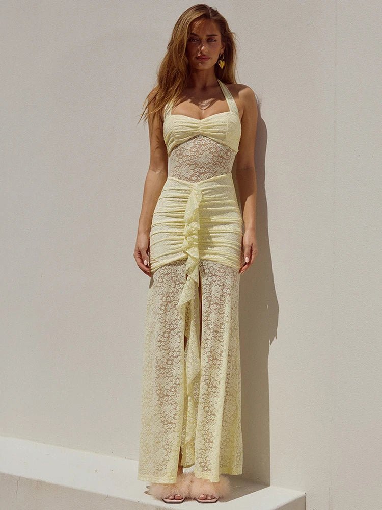 Selene maxi-jurk van kant met gedrapeerde halterhals