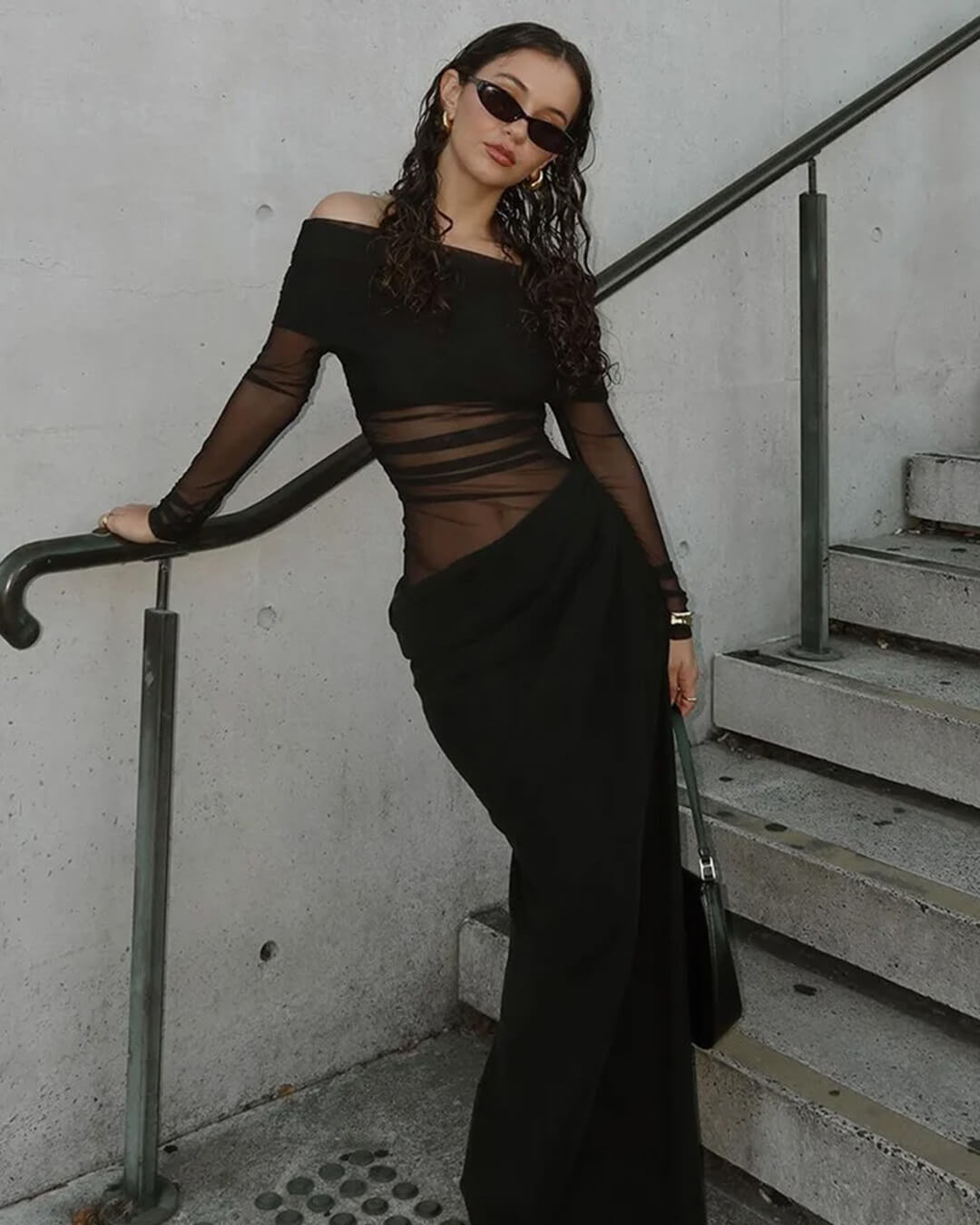 Shiela maxi-jurk van mesh met rimpeldetails
