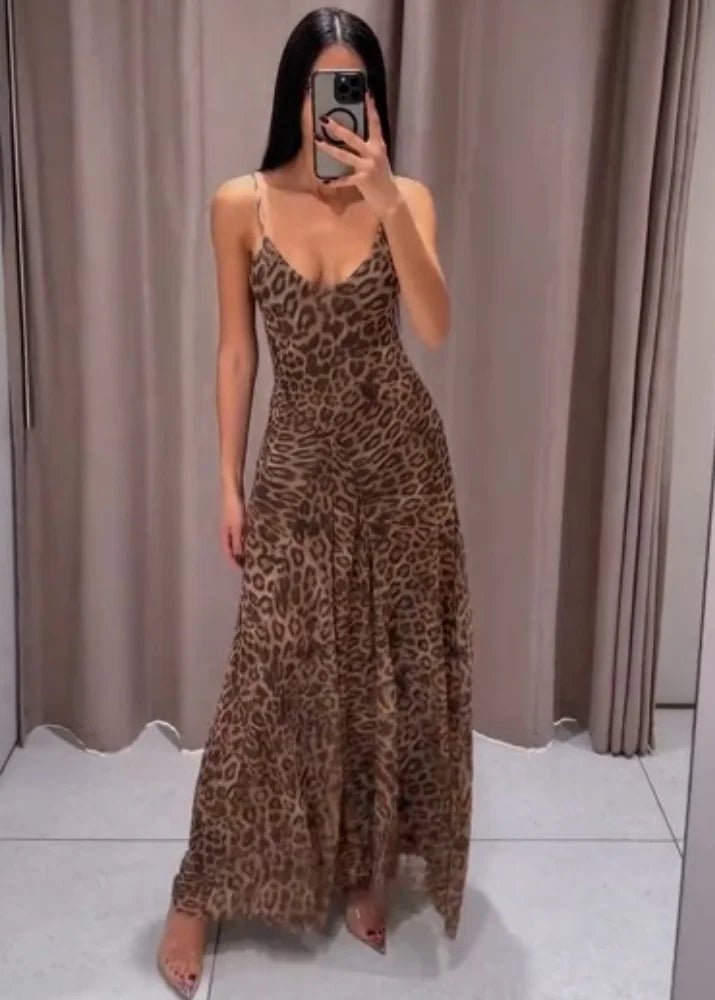Lange jurk met bandjes en luipaardprint Sienna