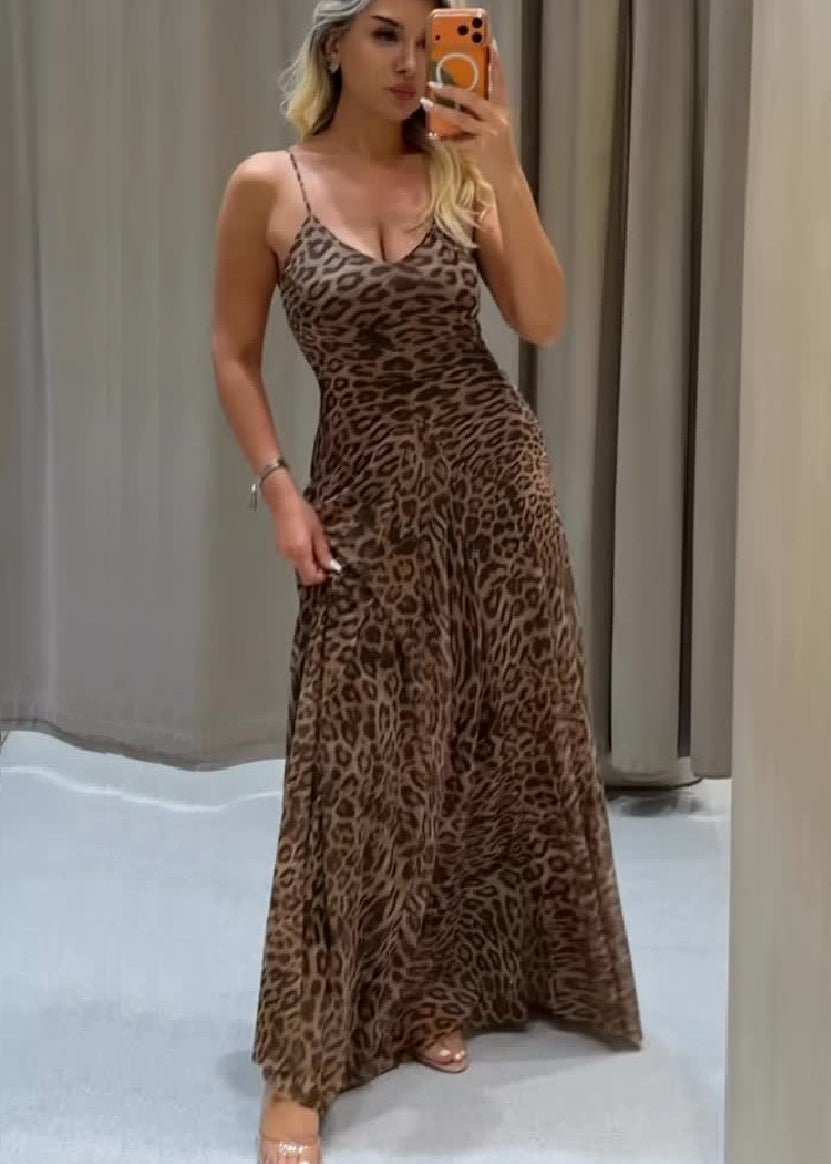 Lange jurk met bandjes en luipaardprint Sienna