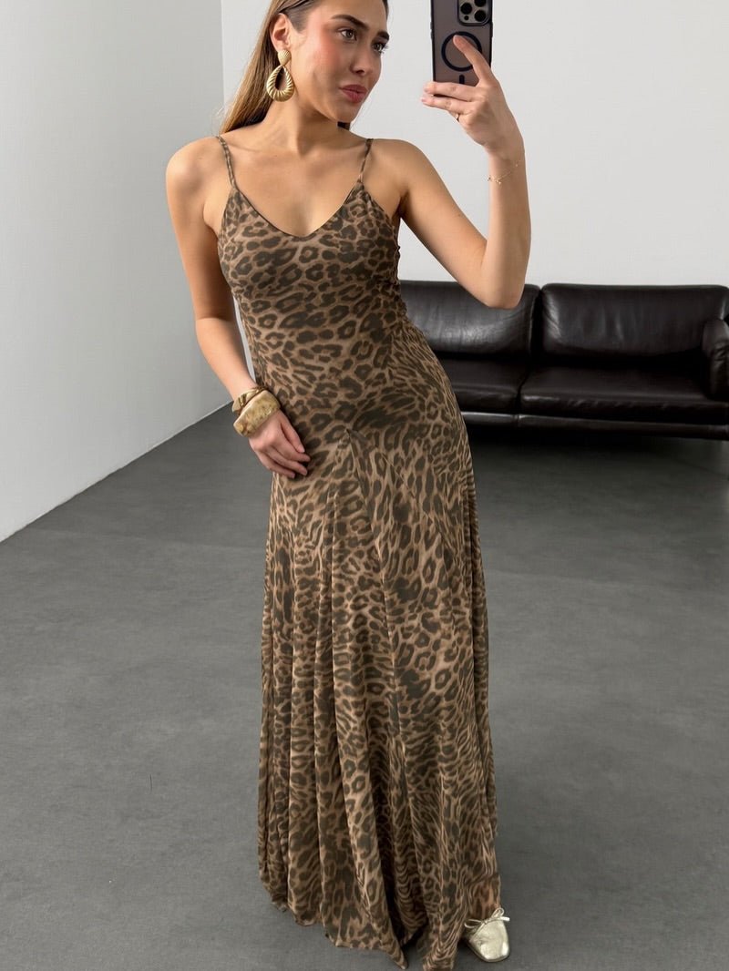 Lange jurk met bandjes en luipaardprint Sienna