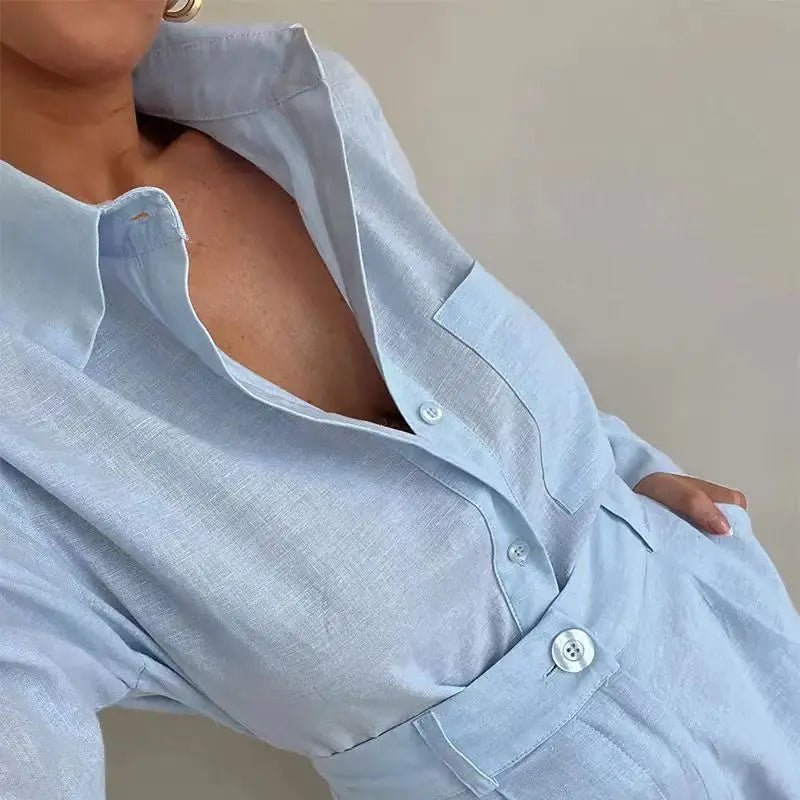 Solenn Long Sleeve High Waist Shorts Linen Set