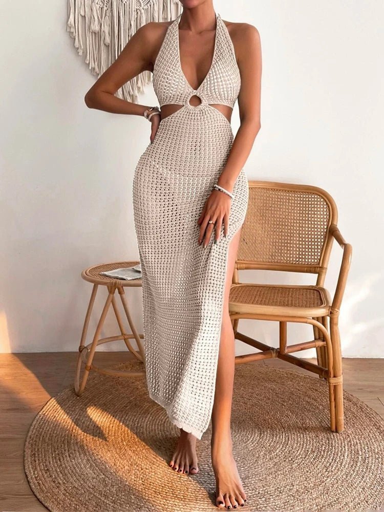 Sophia-gebreide midi-jurk met open hals