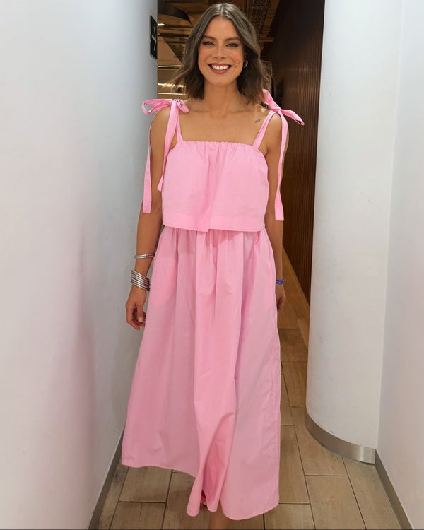 Sophia roze midi-jurk met strik en laagjes