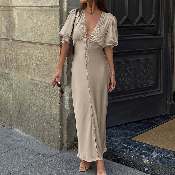 Sophia maxi-jurk met pofmouwen en vetersluiting
