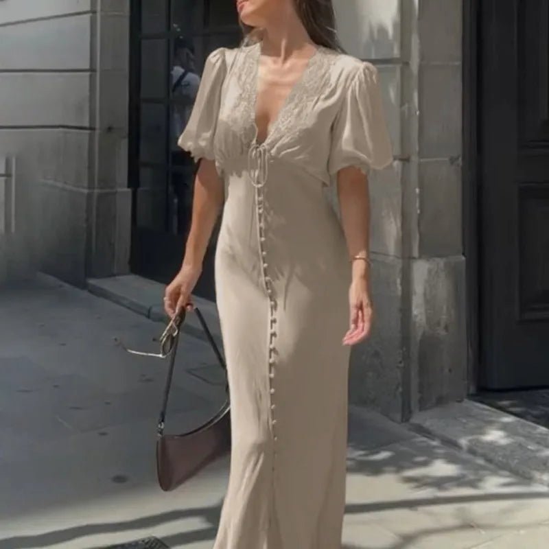 Sophia maxi-jurk met pofmouwen en vetersluiting