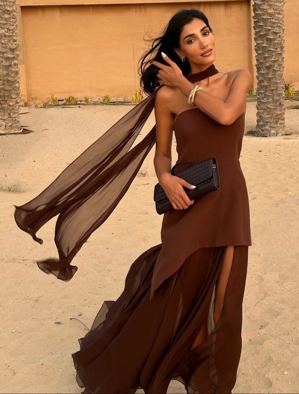 Sophia strapless meshmaxijurk met sjaal