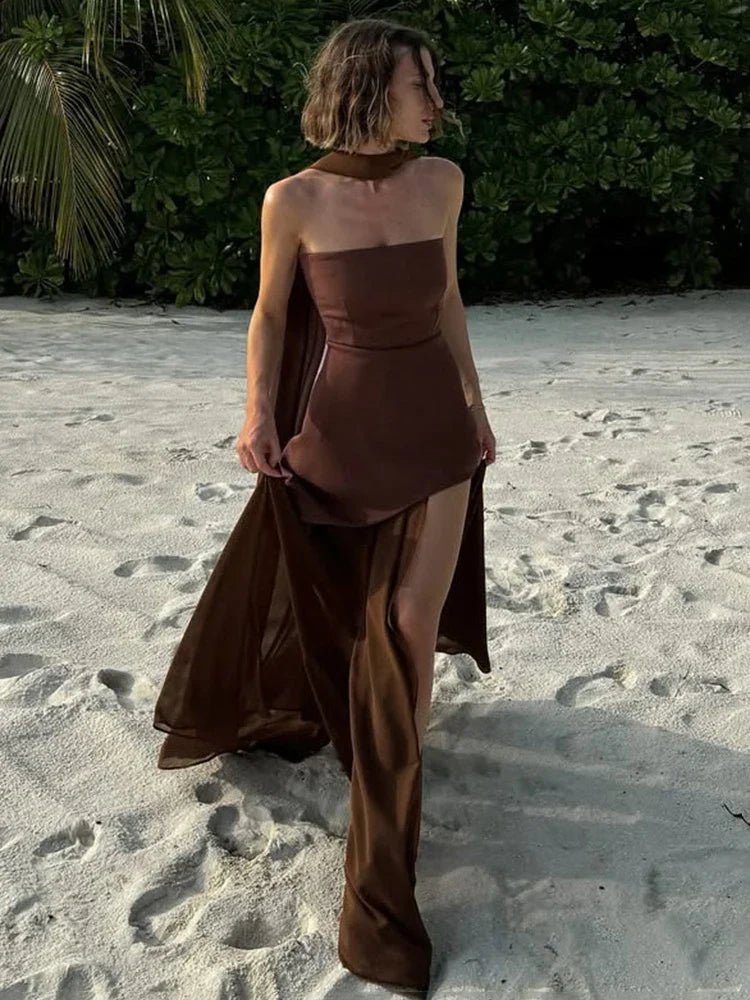 Sophia strapless meshmaxijurk met sjaal